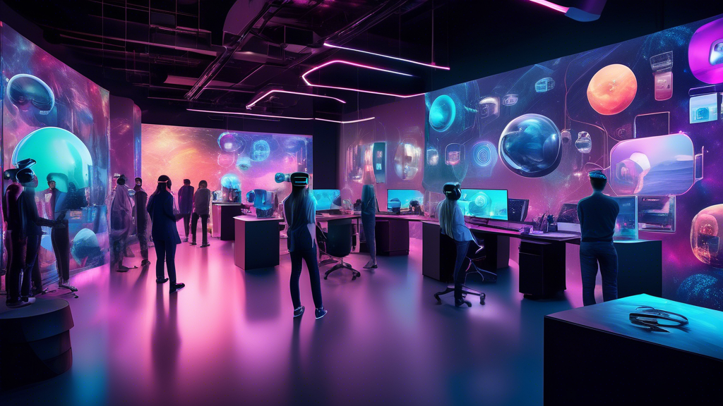 Generate an image that portrays a futuristic AR VR development company office, bustling with a diverse team of highly skilled professionals wearing augmented reality headsets and working collaboratively on various high-tech projects. The room is filled with holographic displays showcasing vibrant portfolio pieces and state-of-the-art AR VR technologies. The atmosphere exudes innovation and adaptability, highlighting the company