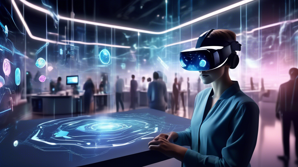 Create a futuristic digital artwork showcasing a diverse range of professionals from various industries, such as gaming, education, healthcare, and retail, immersed in augmented reality (AR) and virtual reality (VR) environments. These environments are visually linked by glowing, holographic networks symbolizing the influence of emerging trends spearheaded by top AR VR development companies. The scene should depict innovative AR/VR applications, such as immersive gaming experiences, interactive educational modules, virtual healthcare consultations, and enhanced retail shopping experiences. Capture a sense of dynamic energy and forward momentum, illustrating the transformative future impact of AR VR technologies.