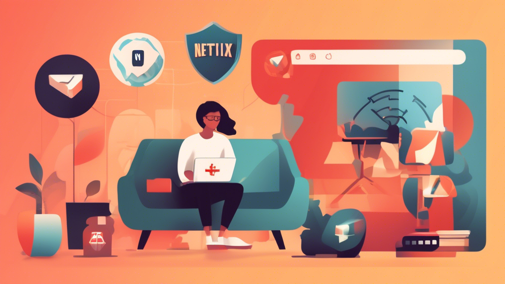 Create an image that illustrates the concept of staying safe and legal while streaming Netflix on a blocked network. The scene should depict a person watching Netflix on a laptop in a cozy living room. Surrounding the person are various symbols that represent online safety and legality, such as a shield icon, a lock symbol, and a checkmark. The background should subtly incorporate elements of technology, like network diagrams or digital padlocks, to emphasize security. The mood of the image should convey a sense of responsibility and awareness, with warm, inviting colors to create a feeling of comfort and safety while streaming online.