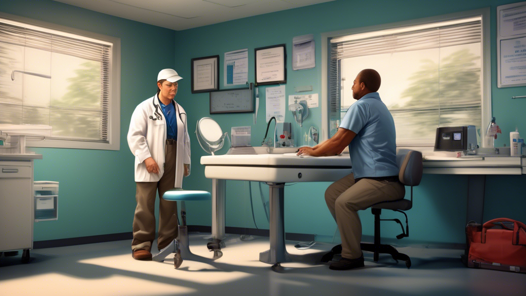 Create an image that depicts a detailed scene of a truck driver medical exam. The setting is a bright, professional clinic room where a friendly medical examiner is performing various health evaluations on a truck driver. Include elements like a height and weight scale, an eye chart, a blood pressure monitor, and a vision testing apparatus. The truck driver should be portrayed as attentive and engaged while the examiner explains each test. In the background, show a medical certificate prominently displayed on the wall to symbolize the importance of meeting health criteria.