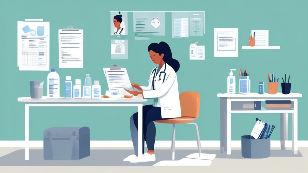 Create an image depicting a person getting ready for a non-DOT physical exam. The scene should be set in a modern, well-lit clinic examination room. The individual, looking organized and calm, is seated on the examination bench, holding a checklist titled Pre-Exam Preparation. Around them are various items they have brought, such as a folder with necessary documentation, a water bottle for hydration, and a fitness tracking device on their wrist. The healthcare professional, a friendly and knowledgeable doctor, stands by with a tablet, reviewing health metrics. The background should feature posters of human anatomy and motivational health quotes to convey readiness and thoroughness.
