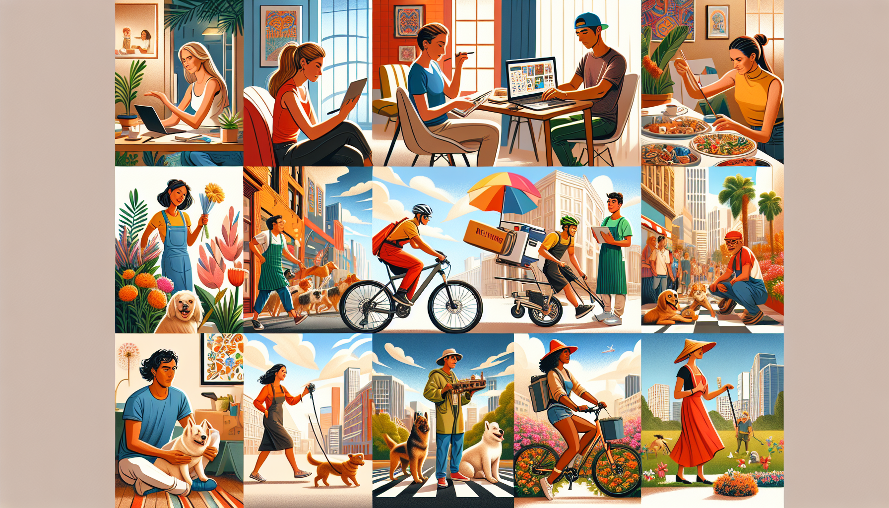 Visualize a dynamic collage featuring eight individuals engaged in different quick side jobs within one hour, each in a unique setting. The scene includes a person tutoring online, another delivering food on a bike, a freelance graphic designer working on a laptop, someone walking multiple dogs in a park, a person crafting handmade jewelry, a street performer playing guitar, a photographer taking rapid event photos, and a person gardening in a small urban space. Emphasize a sense of urgency and productivity in a vibrant, colorful style.