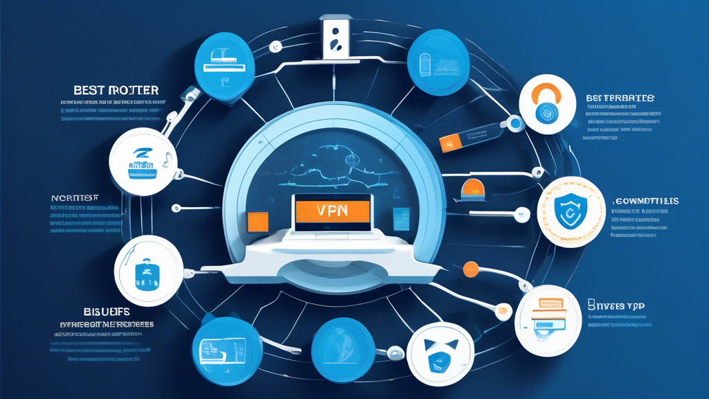 Create an informative and visually engaging infographic that outlines the key criteria for selecting the best VPN router. Include sections on performance features such as speed and security, user-friendliness and setup process, and compatibility with various VPN services. Use icons and graphics to represent each criterion, and incorporate a modern, tech-inspired design with a color palette that suggests security and trust, like blues and greens.