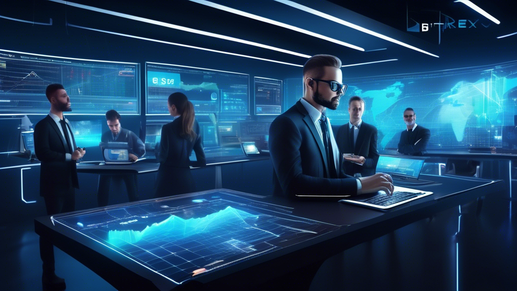 Create an image showcasing a futuristic and dynamic trading environment on the Bittrex Exchange platform. The scene features a diverse group of traders—some new and some experienced—engaging with interactive analytical tools and holographic displays that exhibit complex market trends. The backdrop should include a sleek user interface with a step-by-step guide visible, illustrating how to set up an account and begin trading, promoting an inviting and educational experience. The overall mood should convey a sense of empowerment and opportunity in the world of cryptocurrency trading. Keywords: Bittrex Exchange, trading strategy, market trends, analytics, diverse traders, futuristic technology.