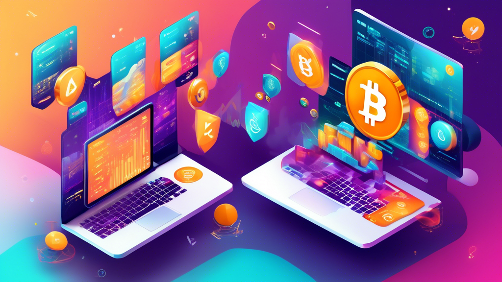 Create an image showcasing the advantages of trading cryptocurrencies on OKX Crypto. Present a visually compelling split-screen: on one side, illustrate advanced security measures with digital padlocks and shield icons hovering over a vibrant interface, representing a seamless and user-friendly experience; on the other side, depict a diverse array of digital assets and cryptocurrencies swirling in dynamic, colorful motion. Integrate subtle elements of the OKX Crypto logo throughout the image to emphasize brand identity and ensure the composition highlights the platform