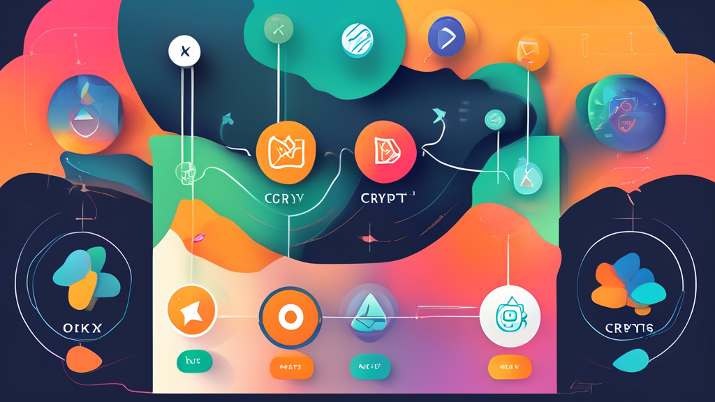 Create an image showing a simplified, artistic depiction of the process a beginner would go through to start trading on OKX Crypto. The image should include a series of visually distinct steps: creating an account, verifying identity with colorful icons, understanding trading options represented by graphs and charts, and a final scene of utilizing OKX