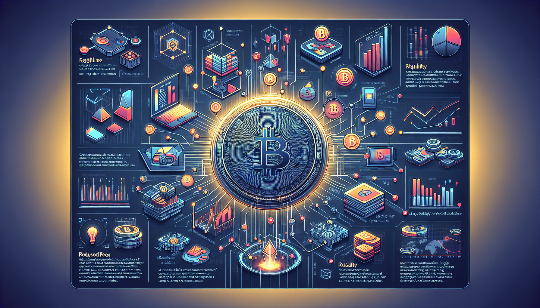 Create an image that visually represents the workings of FTT Crypto (FTX Token) focusing on key mechanisms and benefits. The illustration should feature a digital representation of the FTT token surrounded by technical elements symbolizing tokenomics, such as graphs and charts displaying liquidity and trading volume. Incorporate icons and visual metaphors that depict discounted fees, insurance funds, and staking opportunities. Show examples of FTT
