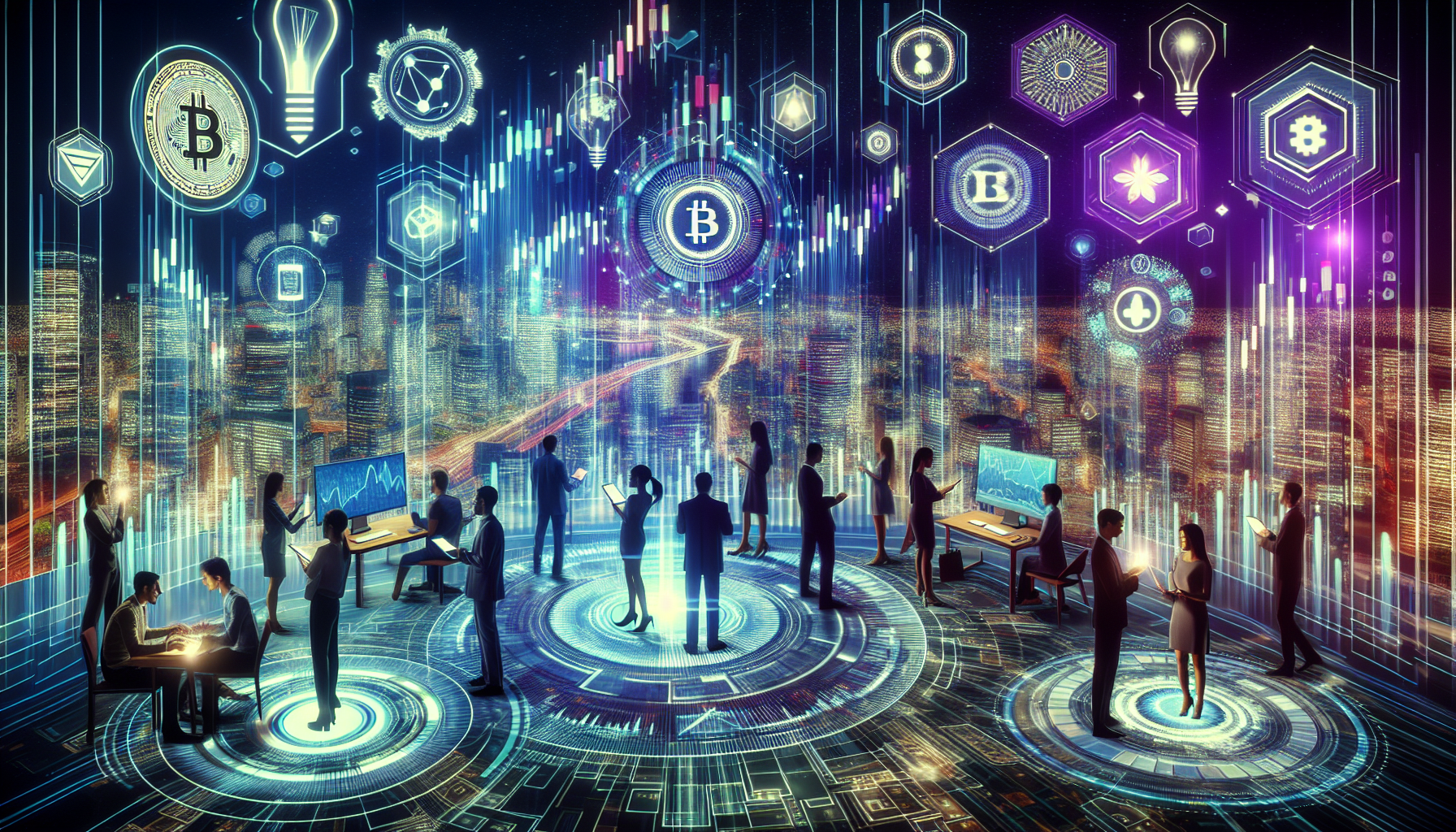 Create an imaginative and futuristic image depicting the Future of FTT Crypto: Trends and Opportunities. The scene is set in a high-tech urban environment with digital holograms displaying fluctuating cryptocurrency values, including FTT prominently featured among the top digital assets. Visualize a diverse group of investors and traders actively engaged with augmented reality interfaces, analyzing market trends and potential innovative partnerships. Include visual elements that suggest new technological advancements and economic factors shaping the crypto landscape, with dynamic light patterns and a digital network illustrating the growing influence of FTT in the ecosystem. The atmosphere should convey a sense of optimism and forward-thinking in the crypto world.