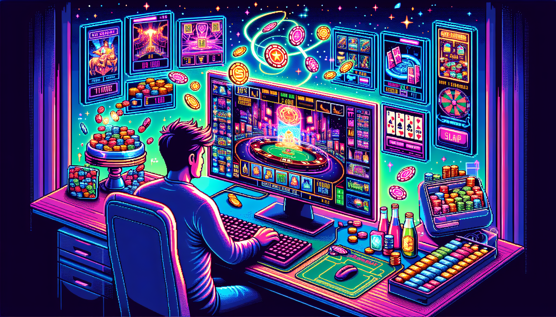 /imagine prompt: A vibrant and dynamic illustration showcasing a range of exciting gaming experiences at Golden Nugget Online Casino. The scene features a player sitting comfortably at a computer, fully immersed in a digital world filled with diverse casino games. On the screen, a mesmerizing array of slots, table games, and a live dealer table can be seen. Animated bonuses and loyalty points appear swirling around, symbolizing rewards and advantages. The atmosphere conveys excitement and engagement, with digital gold coins and poker chips adding to the sense of thrill and possibility.