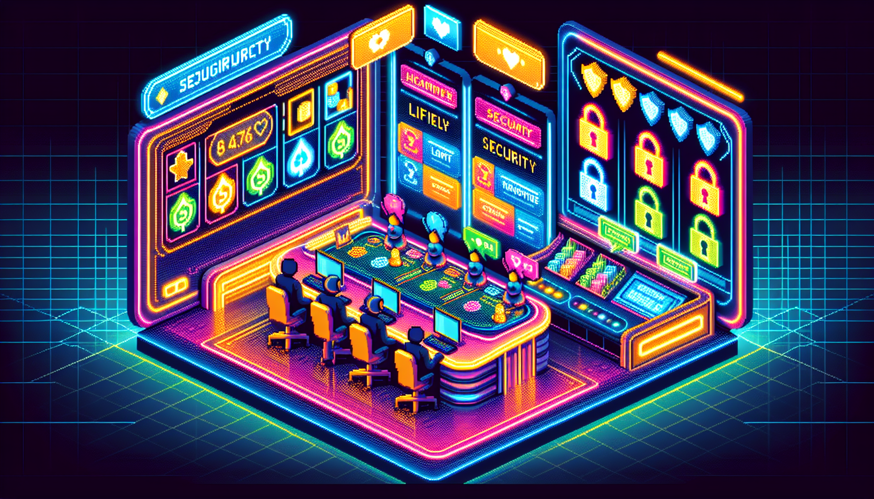 Create an image showcasing a virtual casino environment titled Golden Nugget Online Casino that focuses on secure and responsible gaming. The image should depict a vibrant, digital casino with glowing security icons such as padlocks and shields prominently featured, representing safety and protection. Include elements like a help desk with friendly virtual customer support avatars and interactive screens displaying responsible gaming tips. The overall atmosphere should be welcoming and reassuring, emphasizing trust and fair play in the online casino world.