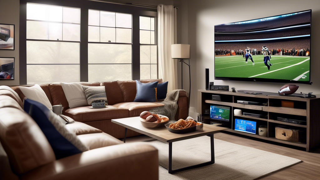 Create an image depicting a variety of modern devices displaying a live NFL game. Include a smart TV, smartphone, tablet, and laptop, all streaming the same game. Incorporate visual details like a high-speed internet symbol, app icons like a streaming service being used, and an inviting living room setup with cozy furniture. The setup should convey the ease of accessing NFL live streams with clear visuals showcasing action-packed gameplay seamlessly displayed on all devices.