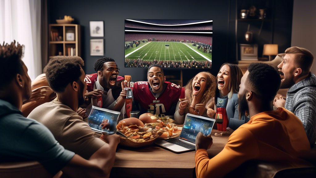 Create an image that captures the excitement of watching NFL games live without cost. The scene features a diverse group of football fans gathered around a large screen, cheering and celebrating as an intense NFL game unfolds. The fans have laptops and smartphones displaying legitimate free trial offers from reputable streaming services, emphasizing the availability of free and legal options. In the background, subtle warnings against illegal streaming sites are creatively integrated, such as caution signs or crossed-out logos, to highlight the importance of using safe and authorized methods to watch NFL games live. The image reflects a vibrant, communal atmosphere that showcases the accessibility and enjoyment of watching NFL live for free.