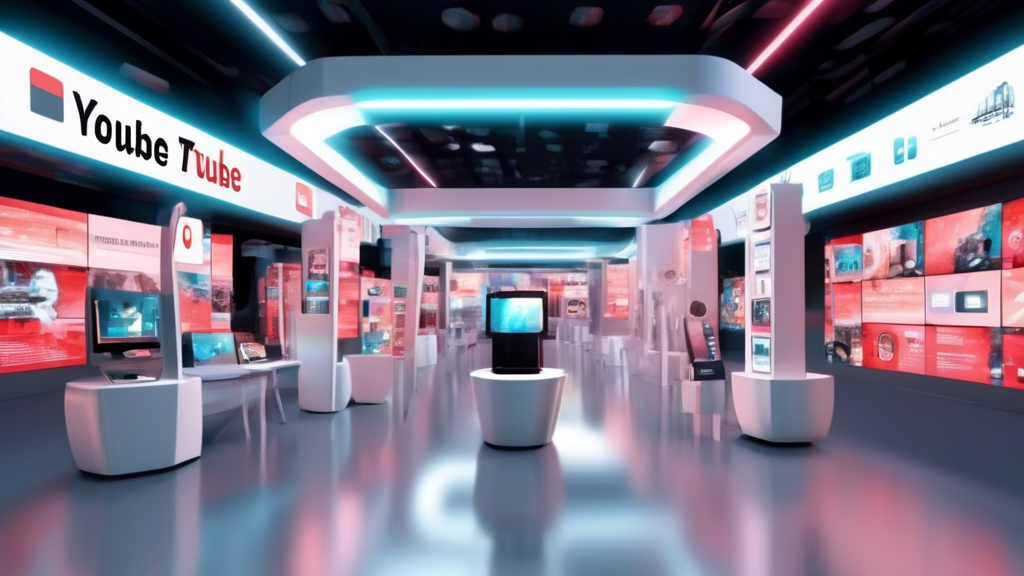 Create an image that features a futuristic digital marketplace where users are shopping for YouTube Proxy services. The scene should showcase various virtual stalls and interactive displays, each highlighting key aspects like speed, privacy, and reliability. Include digital signboards comparing popular proxy services, emphasizing factors such as streaming quality and security features. The environment should feel high-tech and informative, guiding viewers through the process of selecting the best YouTube proxy for seamless streaming.