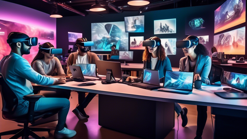 Create a captivating and futuristic image depicting a bustling, digital marketing agency workspace focused on AR and VR innovations. In the center, there