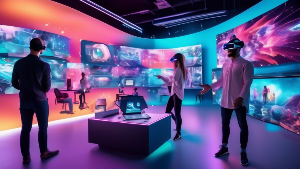 Create an imaginative and futuristic scene showcasing the inside of a cutting-edge AR VR marketing agency. The space is filled with holographic displays and virtual reality headsets, where diverse teams of creative professionals collaborate on innovative marketing campaigns. In the foreground, a large digital screen showcases vibrant, AI-driven content personalization visuals, while another display features the seamless integration of AR and VR in a bustling e-commerce setting. The atmosphere should convey a sense of anticipation and excitement about the limitless possibilities of future technologies. The image should capture the essence of visionary trends and advancements propelling AR VR marketing agencies into the forefront of brand promotion, emphasizing how brands can strategically leverage these tools for growth and leadership.