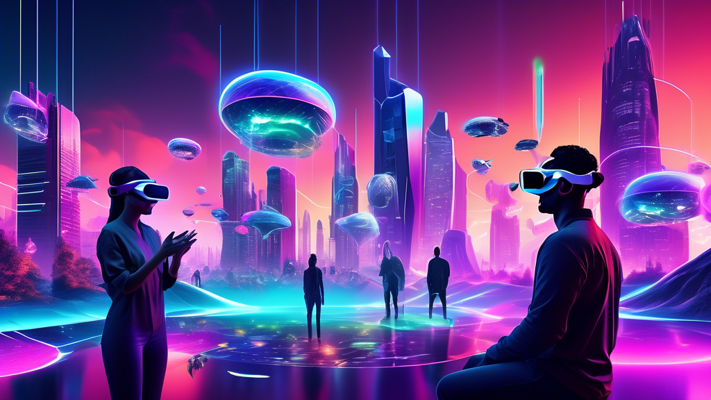 Create an image of a futuristic virtual reality landscape, depicting a vibrant, digital world filled with towering neon skyscrapers and floating holographic elements. In the foreground, show a diverse group of people wearing sleek, advanced VR headsets, interacting with various holograms and digital creatures. Include visual representations of emerging VR technologies, such as tactile feedback gloves and floating interface panels, to emphasize the transformative potential of future VR innovations. The scene should exude a sense of awe and limitless possibilities, illustrating the potential evolution of VR in entertainment and digital media interaction.
