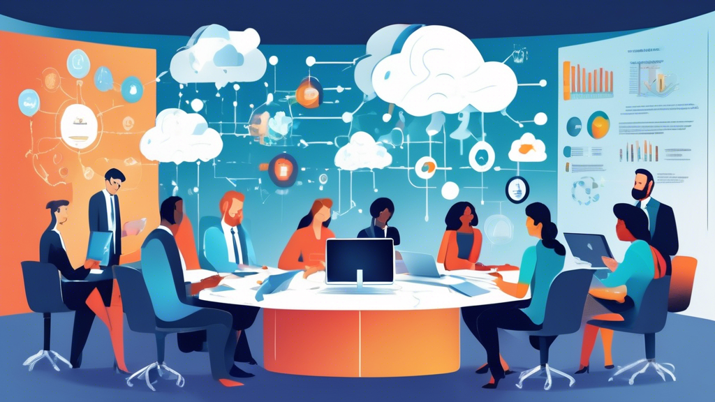 Create an image illustrating the process of selecting the right multicloud management platform for a business. The scene should feature a diverse group of professionals around a conference table, discussing key criteria such as integration, scalability, and user experience. Include visual elements like charts, graphs, and icons representing cloud services and technology trends. The atmosphere should convey collaboration and strategic planning, with a focus on future trends in multicloud management that align with business goals.