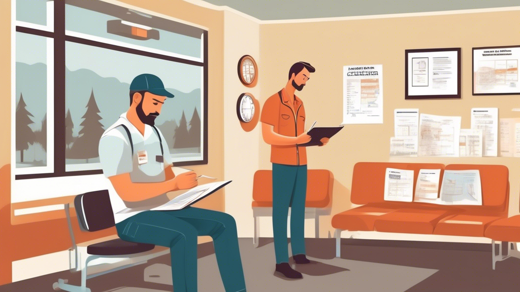 Create an illustration of a commercial driver preparing for a CDL physical exam. The scene is set in a cozy waiting room of a local clinic, with a friendly atmosphere. The driver is reviewing a checklist of required documents, such as medical history and identification, while glancing at a brochure titled Tips for a Smooth CDL Exam. Nearby, a map on the wall highlights local certified CDL physical doctors, illustrating the importance of choosing a conveniently located clinic. The overall ambiance conveys readiness, preparation, and the reassurance of having accessible healthcare resources with the keyword CDL physical doctors near me subtly integrated into elements like the brochure and map.