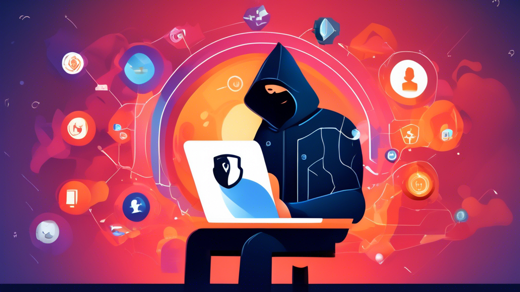 Create an image that visually represents the benefits of using a VPN browser for secure surfing. The scene should include a digital world with abstract representations of anonymity and privacy, such as a cloaked figure browsing the internet, a shield symbolizing protection, and icons for geoblocking and censorship being bypassed. Include elements that depict cybersecurity, like lock symbols or firewalls, to emphasize protection against cyberattacks and data theft. The overall tone should convey safety and security in the online environment, with a futuristic and technological aesthetic.