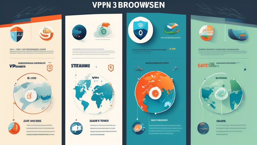 Create an informative and visually appealing infographic that compares the top three VPN browsers. Highlight their key features, usability, speed, and price-performance ratio. Include icons or illustrations representing different use cases, such as streaming and general browsing. Use a clean and modern design with a color scheme that evokes trust and security, suitable for a technology-focused article about safe online surfing.