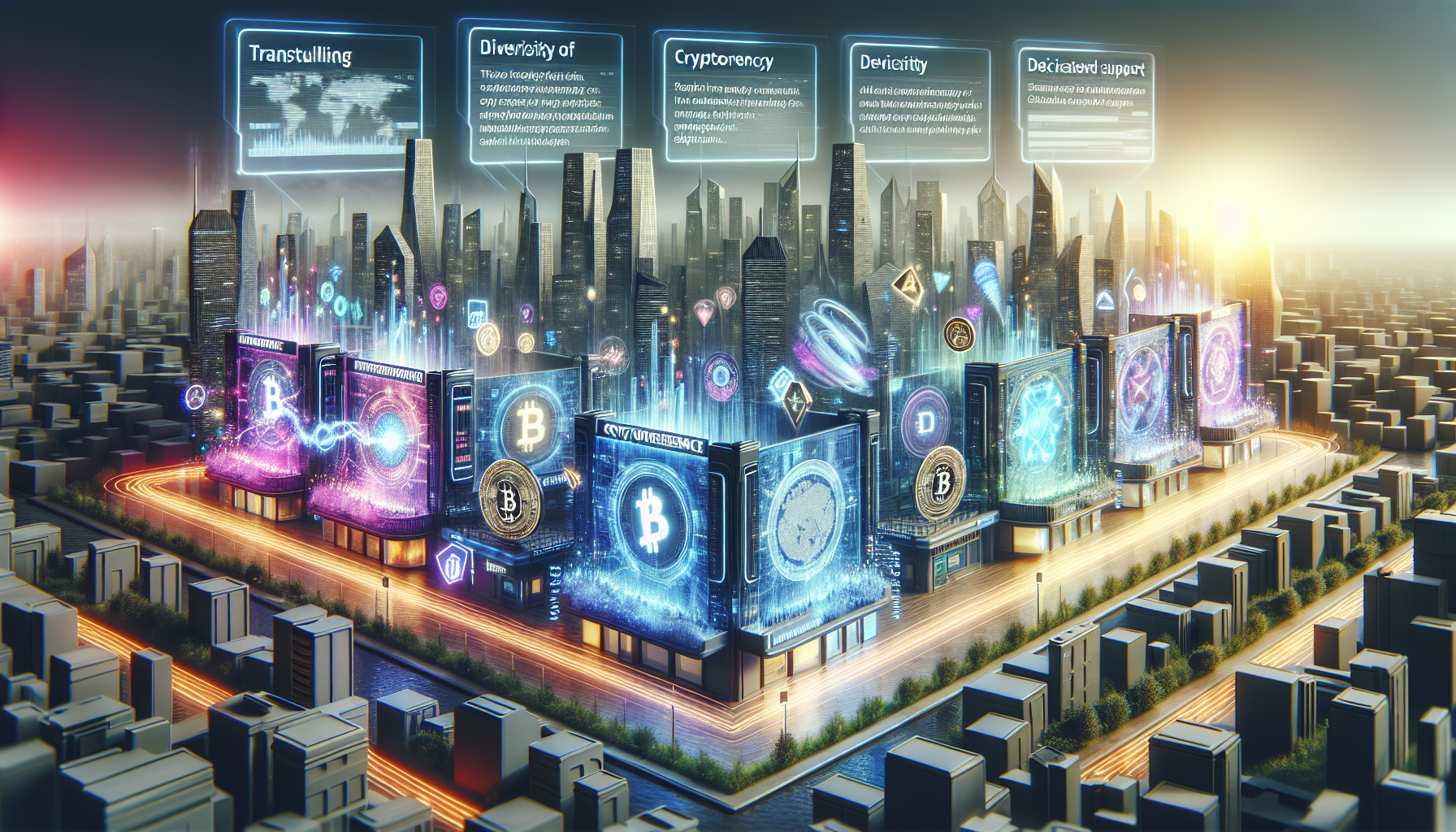 Create an image that depicts a bustling digital landscape with multiple cryptocurrency exchange platforms from 2023 showcased as distinct futuristic buildings. Each building should represent different popular platforms, showing their unique selling points as visual elements—like fast transaction speed appearing as lightning bolts, diverse cryptocurrency symbols floating around, and a customer support person as a hologram. Add futuristic cityscape elements in the background to emphasize the modernity and dynamic nature of the cryptocurrency market. Additionally, include subtle indicators of recent market trends and updates as digital news tickers on billboards, creating a vibrant and informative scene.