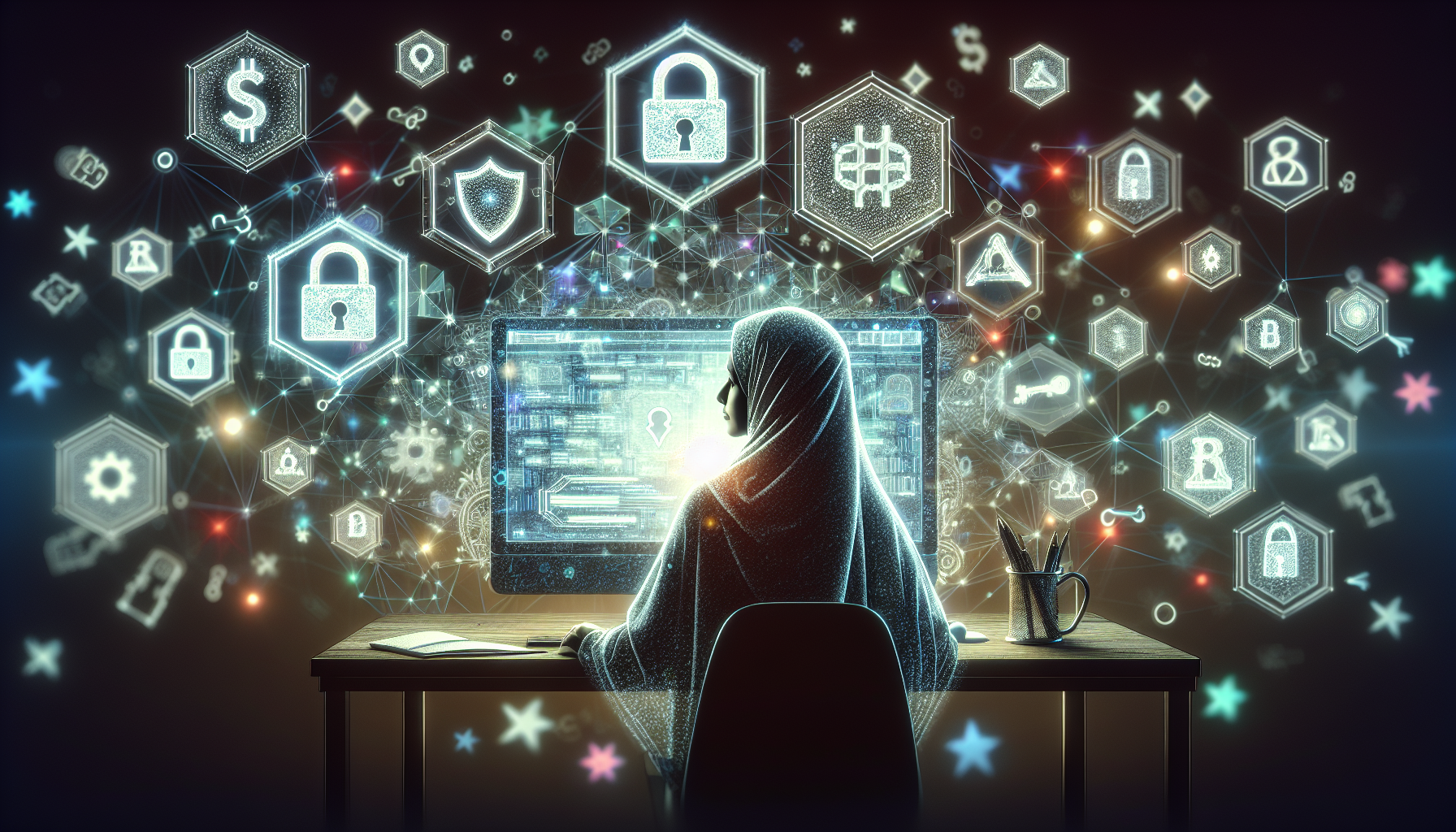 Create an image of a person sitting at a computer surrounded by floating digital security icons such as padlocks, keys, and shields, symbolizing safety and protection. The individual is carefully analyzing a cryptocurrency exchange platform interface displayed on the computer screen. In the background, subtly depict a shadowy figure representing online scams, emphasizing the need for vigilance. The setting should be a modern, tech-savvy environment, with glowing holographic elements that convey advanced technology. This scene visually captures the theme of safely engaging and conducting due diligence on cryptocurrency exchange platforms.