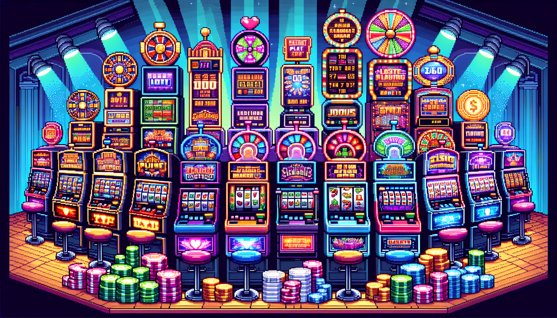 Create an image depicting a vibrant and dynamic scene showcasing a variety of top slot games that pay real money. The setting features a luxurious casino floor with both online and offline slot machines, illustrating different styles including classic and themed aesthetics. Each machine highlights enticing features like bonus rounds and progressive jackpots, with visual cues such as colorful lights, animated symbols, and enticing payouts. The ambiance is bustling with excitement, capturing the allure and thrill of finding a lucrative slot game. Emphasize elements that suggest high payout rates and reputable platforms to convey trust and profitability.