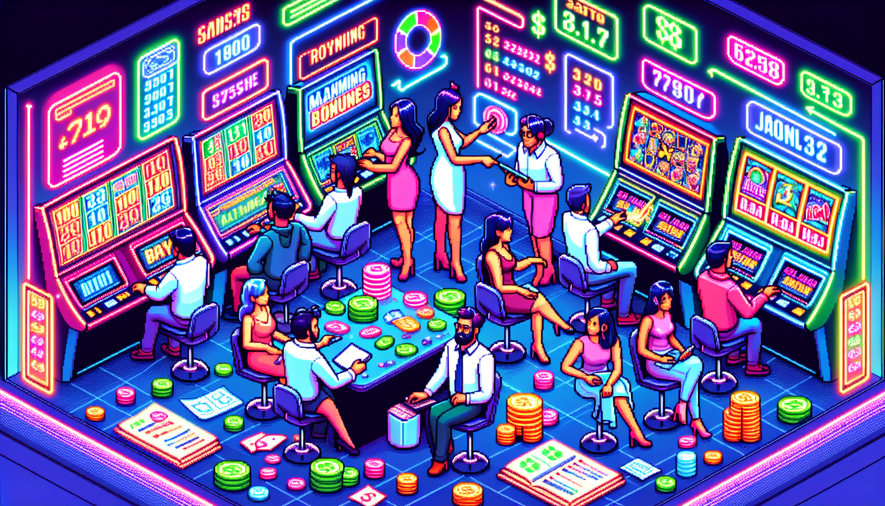 Create an illustrated and detailed scene depicting a group of enthusiastic players engaged in an immersive real-money slot gaming experience. The focus is on practical strategies as they manage their bankrolls, use casino bonuses, and analyze game volatility. Show elements like colorful slot machine interfaces displaying bonus rounds and jackpot indicators. Add subtle cues of responsible gambling practices, such as a well-organized playing space with notes and charts for tracking progress, and a calming ambiance to emphasize the balance between enjoyment and strategic play. Visually incorporate the thrill of maximizing winnings combined with a sense of control and awareness.