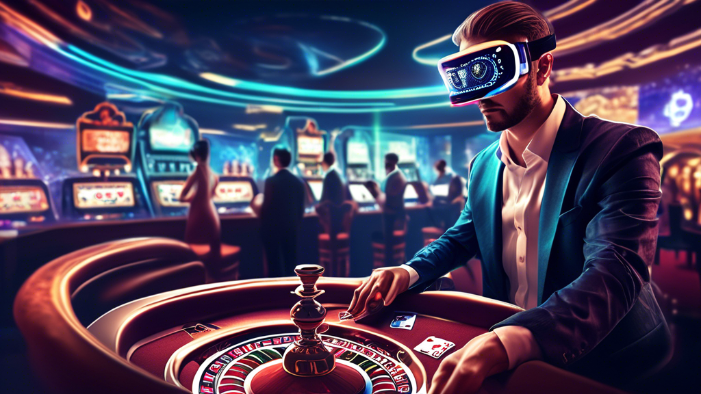 Create an imaginative image that illustrates The Future of Live Casino Crypto: Trends and Innovations to Watch. The scene should depict a futuristic live casino environment where advanced technologies like virtual reality and artificial intelligence are seamlessly integrated into the gaming experience. Include elements such as players wearing VR headsets engaged in immersive gaming, AI dealers managing table games, and cryptocurrency transactions being processed on sleek digital interfaces. The atmosphere should be vibrant and high-tech, showcasing a blend of traditional casino elements with cutting-edge digital innovations. Use colors and lighting that evoke a sense of excitement and possibility in the realm of online gambling.