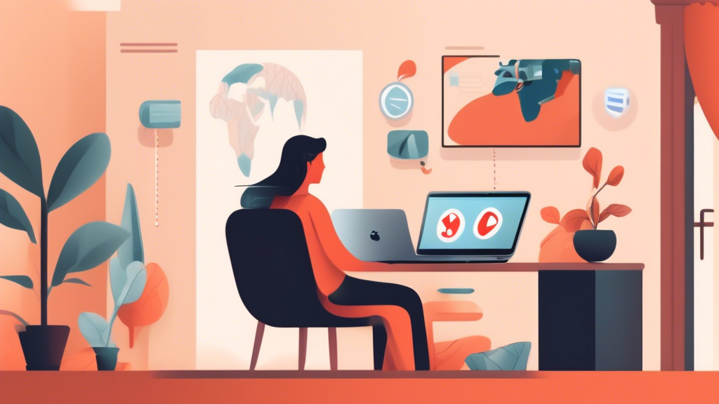 Create an image that visually represents tips for safely and reliably streaming on unblocked sites like YouTube. The image should feature a person comfortably streaming content on a laptop in a cozy home setting. Include visual elements like a shield symbol to signify security, a globe icon to suggest global access through a VPN, and streaming bars to indicate smooth, uninterrupted streaming quality. The room should have a modern, tech-savvy atmosphere with hints of internet connectivity, like a Wi-Fi signal symbol subtly integrated into the background.