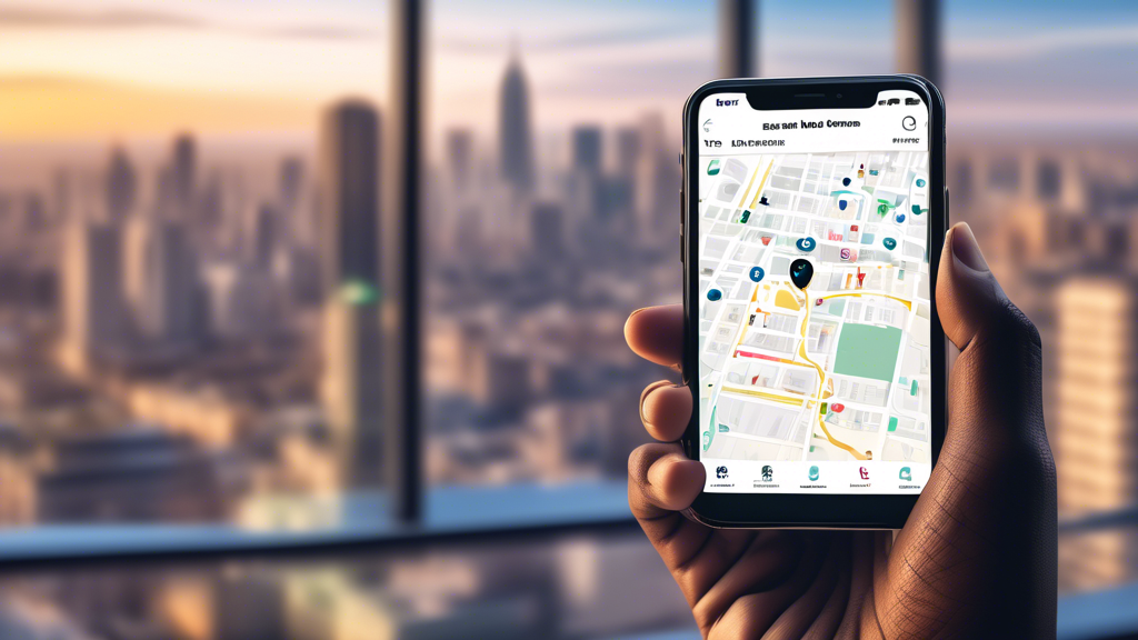 Create an image that showcases a person using a smartphone to search for DOT medical exam locations near me. The screen displays a user-friendly app interface with a map highlighting various nearby exam centers. The background should include a smart-looking cityscape visible through a large window, indicating a modern, connected urban environment. The setting should feel innovative and tech-savvy, emphasizing the ease and accessibility of finding DOT medical exams through digital means.