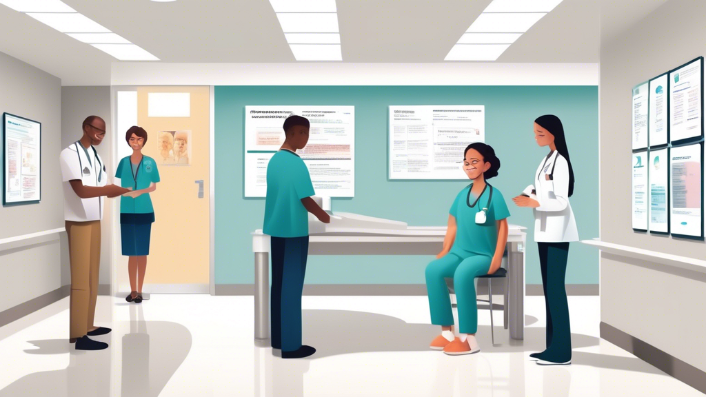 Create an image featuring a welcoming and organized DOT medical exam location. The scene should depict a clean, well-lit waiting area with comfortable seating and informative posters on the walls about the DOT examination process. A friendly, professional medical staff member is greeting a patient at the reception, where clear signage about the necessary documentation and examination steps is visible. In the background, a glimpse into the examination room shows medical equipment and a checklist on the wall outlining the typical procedures and assessments. Capture an atmosphere of efficiency and approachability, aimed at easing any concerns about the exam experience.