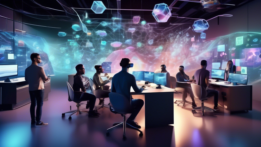 Create an image that depicts a dynamic and futuristic scene of several AR VR startup entrepreneurs overcoming various challenges. The setting is a sleek, ultra-modern workspace filled with holographic displays and virtual reality headsets. In the foreground, a diverse group of entrepreneurs collaborates, showcasing their resilience as they solve complex problems, represented by intertwining digital paths and visualized data streams. Surrounding them are symbols of technical hurdles like pixelated glitches and fragmented code, while in the background, other teams engage in brainstorming sessions with 3D models suspended in mid-air. Highlight successful strategies and solutions with visual elements like interconnected nodes symbolizing partnerships, and light beams illustrating technological advancements. The overall atmosphere is one of innovation and persistence, captured in a vibrant and inspiring visual narrative.