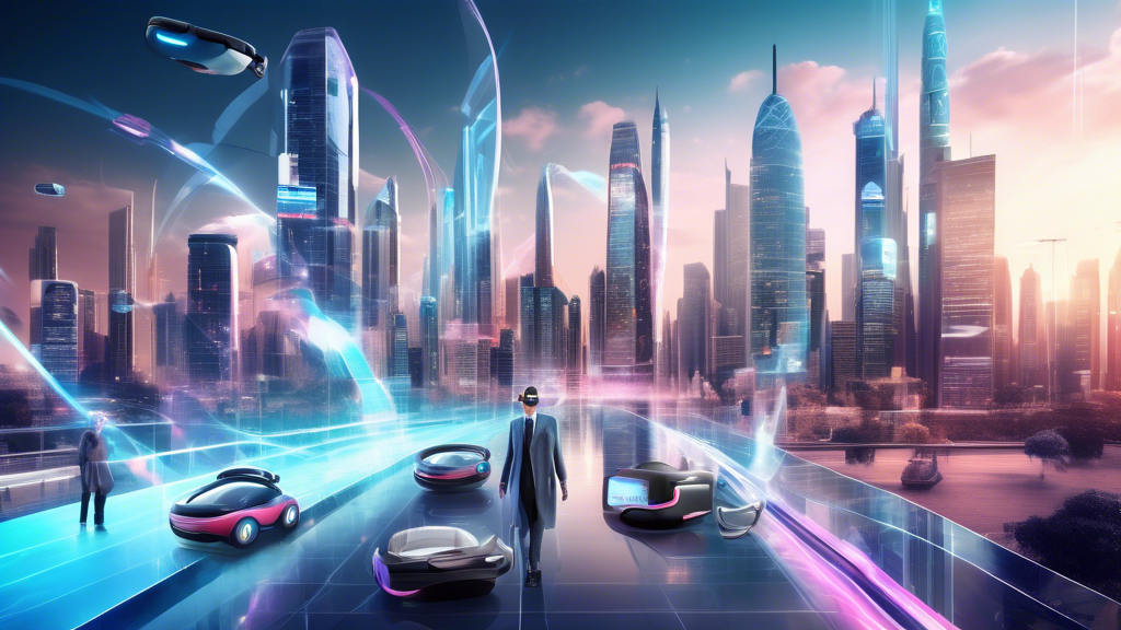 Create an image of a futuristic cityscape where AR and VR technologies are seamlessly integrated into everyday life. The scene should depict people wearing sleek AR glasses and using immersive VR headsets as they engage in various activities around the city. Buildings are adorned with holographic displays showcasing information and advertisements. In the background, a digital skyline suggests a blend of physical and virtual reality landscapes, with vibrant, interactive elements. This scene represents the potential future impact of AR VR startups on the tech industry, illustrating their transformative influence on urban environments and human interaction. Keywords: futuristic city, AR glasses, VR headsets, immersive technology, digital interaction.