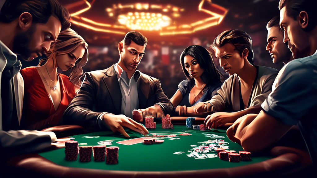 Create an illustration depicting a high-stakes online poker game, showcasing a diverse group of players immersed in the action, with digital cards and chips on the screen. Highlight key elements like poker odds displayed in graphs, a player analyzing betting patterns, and visual cues of bluffing strategies. The atmosphere should convey tension and excitement, encapsulating the advanced strategies involved in playing poker online for money.