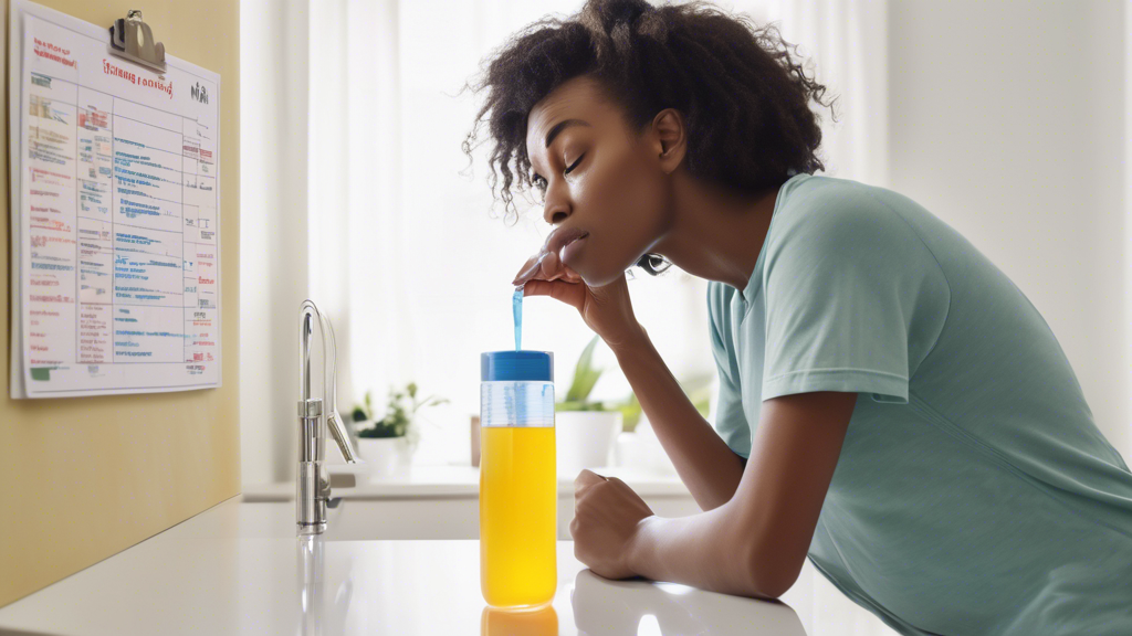 Create an image of a person preparing for a DOT physical urine test. The setting is a bright, clean, and organized home environment. The individual is seen drinking a glass of water, with a checklist of preparation tips nearby, which includes points like staying hydrated, following a balanced diet, and listing any medications being taken. A calendar on the wall highlights the test date, emphasizing the importance of planning and preparation. The mood is calm and focused, portraying a sense of readiness and confidence.