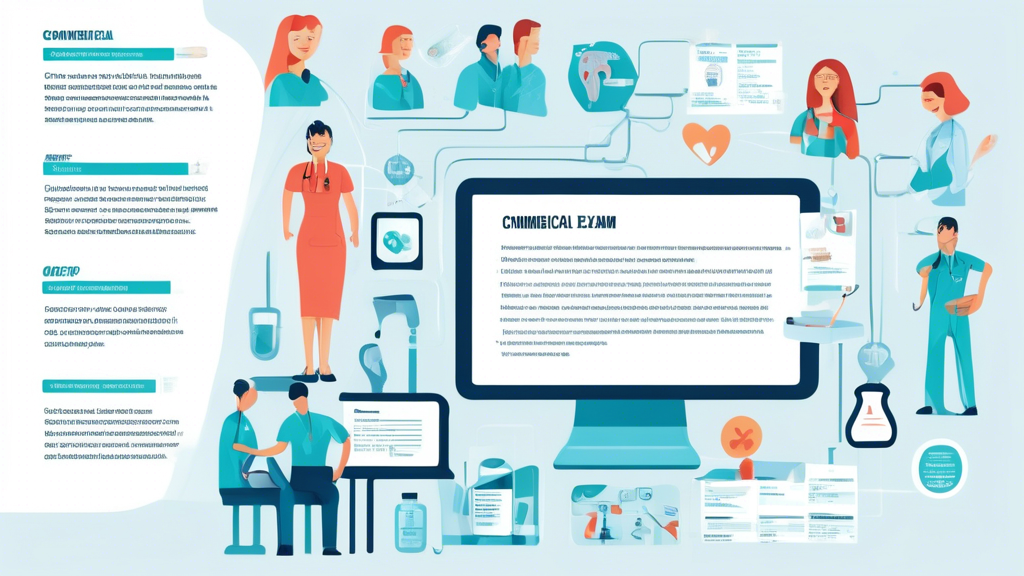 Create an image depicting a detailed and organized infographic featuring the step-by-step process of a commercial medical exam. The infographic should include distinct sections for each stage, such as scheduling the appointment, preparation tips for participants, and the variety of tests conducted during the exam. Use visual elements like icons, flow charts, and illustrations to represent physical health assessments, drug screenings, and specialized industry-specific tests. Ensure the layout is clear and engaging, with a professional and informative aesthetic that captures the essence of a comprehensive medical evaluation process in the commercial industry.