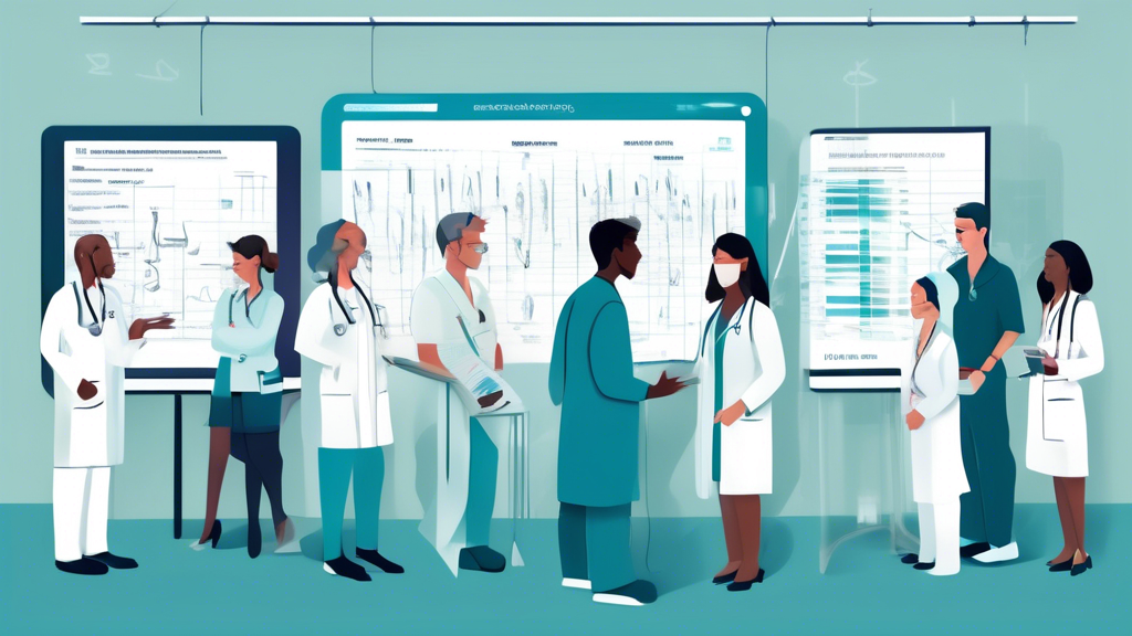 Create an image that visually represents the interpretation and implications of results from a commercial medical exam. The scene should depict a diverse group of professionals, including a doctor, an office worker, a construction worker, and a pilot, gathered around a digital screen displaying medical charts and data. Illustrate a timeline showing the flow of communication, with arrows pointing from the medical exam results to both individuals and employers. Include visual cues of potential outcomes, such as checkmarks for passing health assessments, a clipboard with follow-up actions, and icons representing workplace safety and compliance. The setting should convey a sense of professionalism and collaboration in understanding and utilizing medical exam results for health and safety purposes.