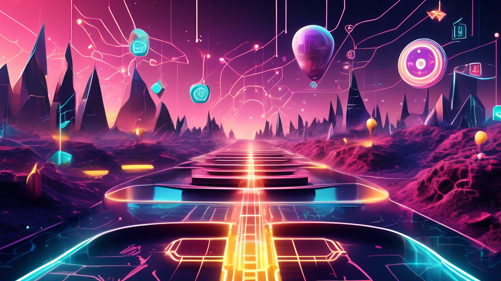 Create an image depicting a futuristic digital landscape that represents the Binance DeFi ecosystem. In the foreground, portray various abstract symbols representing risk and opportunities, such as scales weighing digital tokens against question marks and exclamation points. In the background, illustrate a series of pathways leading to various bright, glowing nodes, each symbolizing a different DeFi project with detailed futuristic architectural elements. Include visual elements like graphs and digital screens that convey data analysis and market trends, evoking a sense of investment strategy and foresight. This image should suggest an environment of calculated risk and potential growth within the realm of Binance DeFi investments in 2023.
