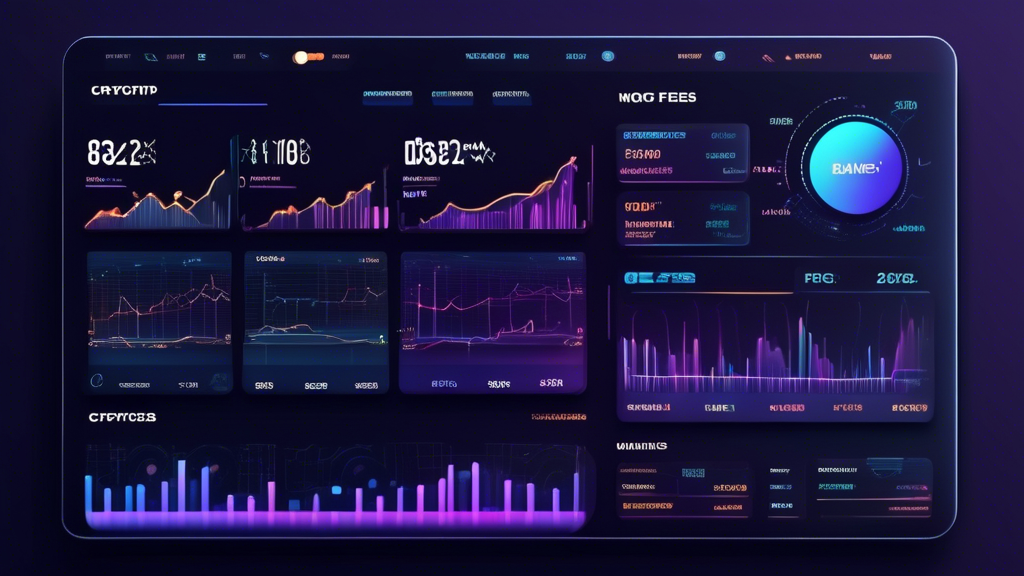 Create an image of a digital dashboard displaying a side-by-side comparison of various crypto exchanges renowned for offering the lowest fees in 2023. The dashboard should include bar graphs or charts highlighting fee structures, including trading, withdrawal, and deposit costs. Integrate sleek, futuristic design elements to emphasize technology and innovation. In the background, include subtle icons representing popular cryptocurrencies to add context. The image should convey a sense of clarity and efficiency, appealing to both novice and experienced crypto traders seeking cost-effective exchange options.