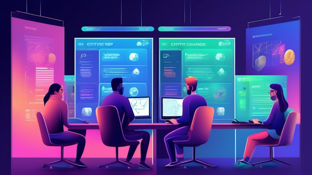 Prompt: Create an image that illustrates the process of choosing the best crypto exchange for individual needs. The scene features a diverse group of individuals sitting at computers examining different crypto exchanges on their screens. Each screen displays key factors such as low fees, security features, user-friendly interface, and a wide selection of cryptocurrencies. The individuals are thoughtfully comparing options, with some taking notes to evaluate based on their personal preferences and goals. The setting is a modern, tech-friendly environment, with various devices and charts subtly highlighting the theme of cryptocurrency trading. The atmosphere is focused yet vibrant, emphasizing the importance of careful consideration beyond just low fees.