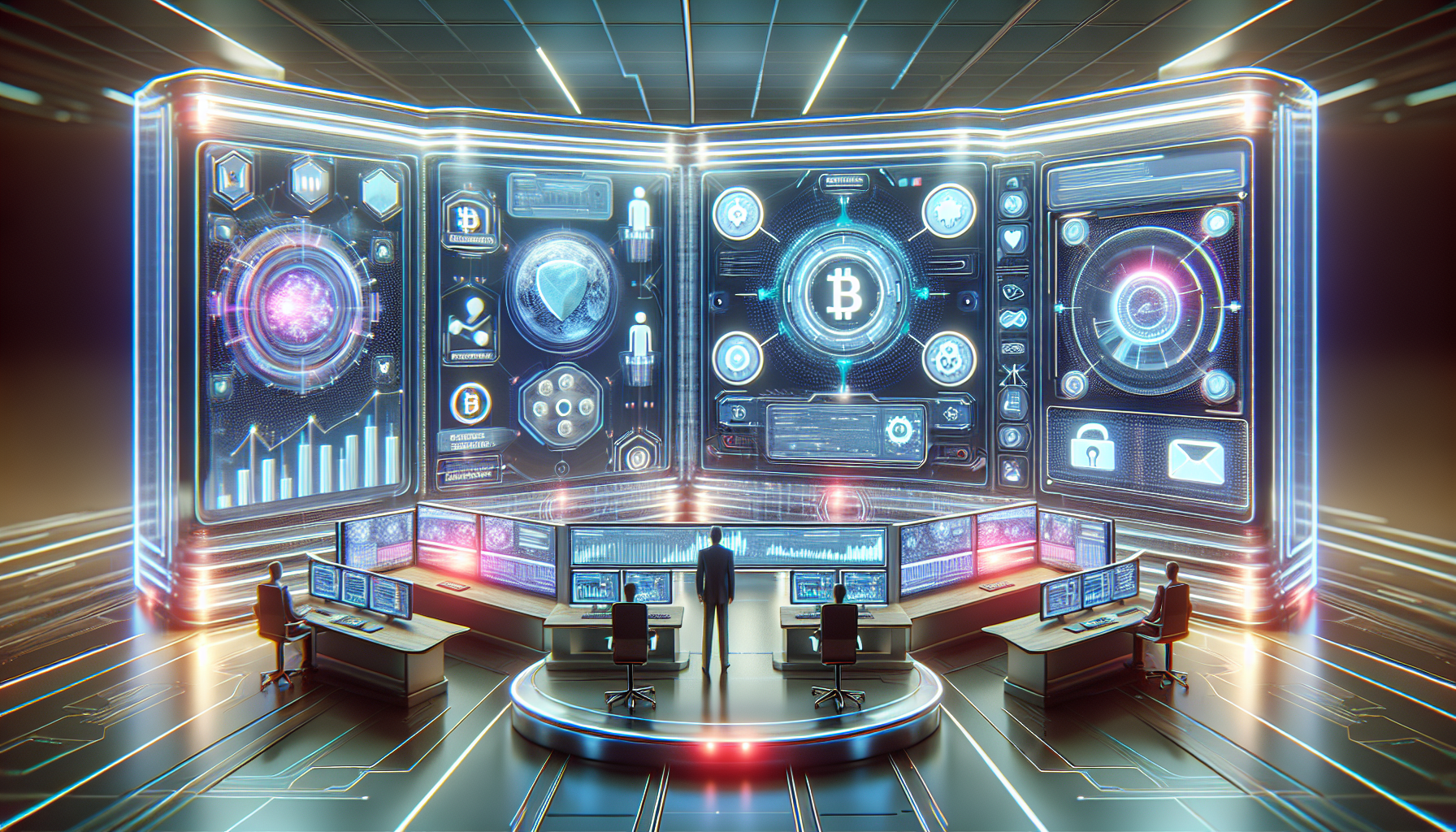 **DALL-E Prompt:** Create an image depicting a futuristic, high-tech control center symbolizing top crypto trading platforms. The control center features multiple transparent screens displaying security features, data protection icons, and user interface elements. Include visuals of mobile apps floating in holographic form and customer support agents interacting via virtual reality. The scene should convey a sense of speed with orbs representing quick order execution and symbols like wallets or coins to illustrate additional features such as staking and margin trading. The overall atmosphere should reflect advanced technology, security, and user-friendly design.