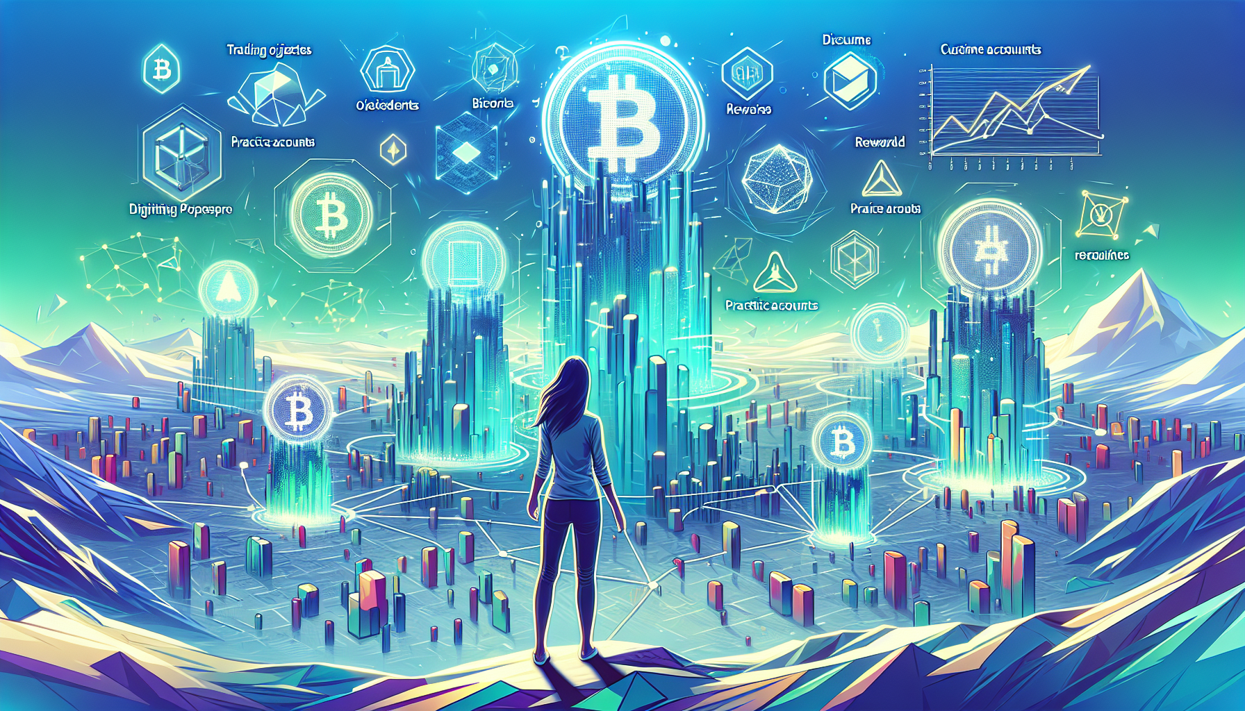 Create an imaginative and educational illustration for a guide on selecting the best cryptocurrency trading platform for your needs. Depict a person in the center of a futuristic digital landscape, analyzing various towering holographic crypto platforms like Binance, Coinbase, and Kraken. Surround them with visual elements representing key factors like trading goals, user experience levels, demo accounts, bonuses, and user reviews. Integrate abstract symbols for cryptocurrencies, charts, and ratings floating in the air, highlighting the decision-making process. The scene should convey a sense of technological advancement and informed choice, using a palette of vibrant digital blues and greens.