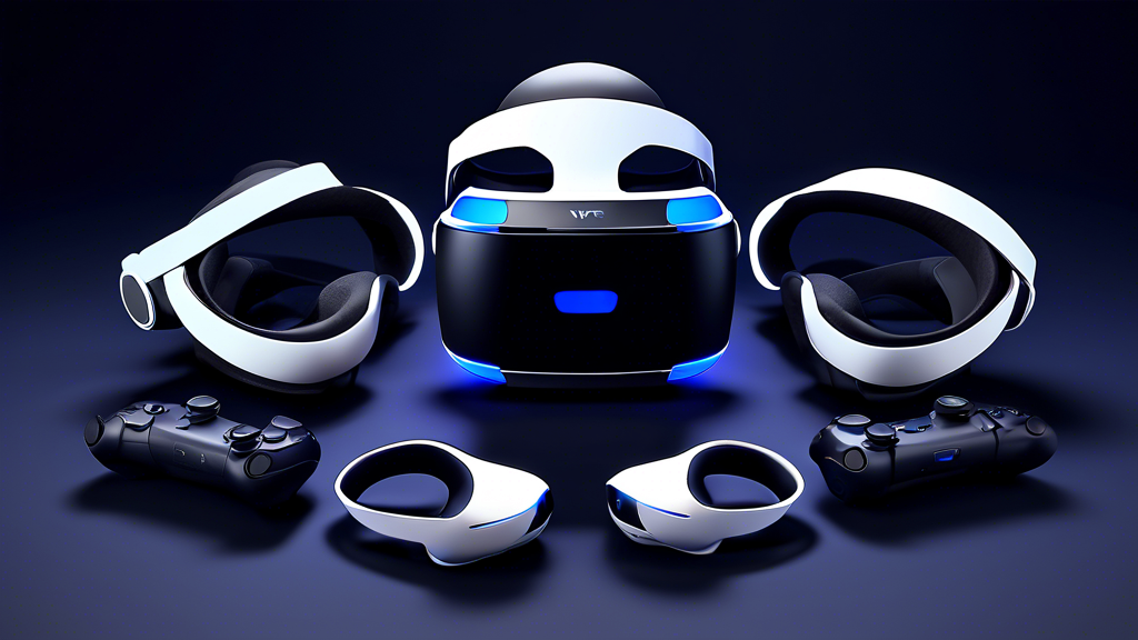 Create a detailed illustration showcasing the PSVR2 glasses, with an emphasis on their compatibility with various gaming devices. The scene should include the PSVR2 glasses prominently displayed in the center, surrounded by different gaming consoles and systems including both modern and older models. Incorporate connecting cables, adapters, or wireless connections to demonstrate how the glasses interface with each system. Use bright, engaging colors to highlight the interactive nature of the setup, and add text labels or annotations that explain any additional equipment or setup processes needed for integration. The overall composition should convey a sense of technological versatility and innovation.