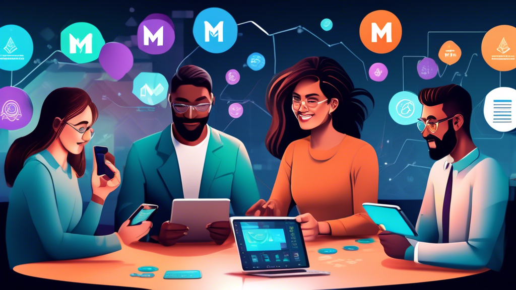 Create an image depicting a diverse group of M1 Finance app users, engaged in a vibrant discussion about their cryptocurrency investment strategies. They