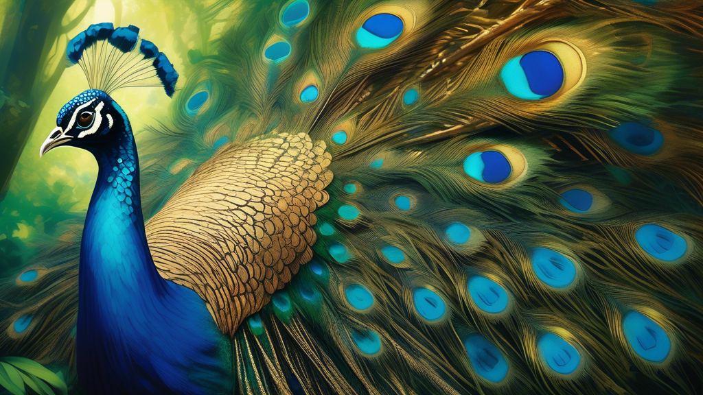 Create an image illustrating a peacock gracefully displaying its vibrant feathers amidst a lush, green forest setting. The focus is on the peacock