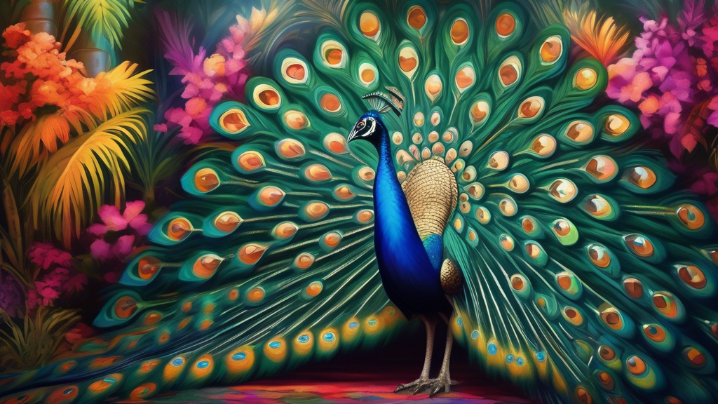 Create an image of a breathtaking peacock show set in an exotic location, featuring a vibrant array of peacocks with their feathers fully fanned out, showcasing their iridescent colors and intricate patterns. The background should depict a lush, tropical setting with elements that hint at a festive event, such as colorful lanterns and a small gathering of people watching in awe. Capture the moment at dusk, as the golden hour light enhances the peacocks’ dazzling display. Include subtle guides or tips on how to photograph peacock shows effectively, such as recommended camera angles and settings for capturing their beauty. Keywords: witness peacock shows, peacock show events.