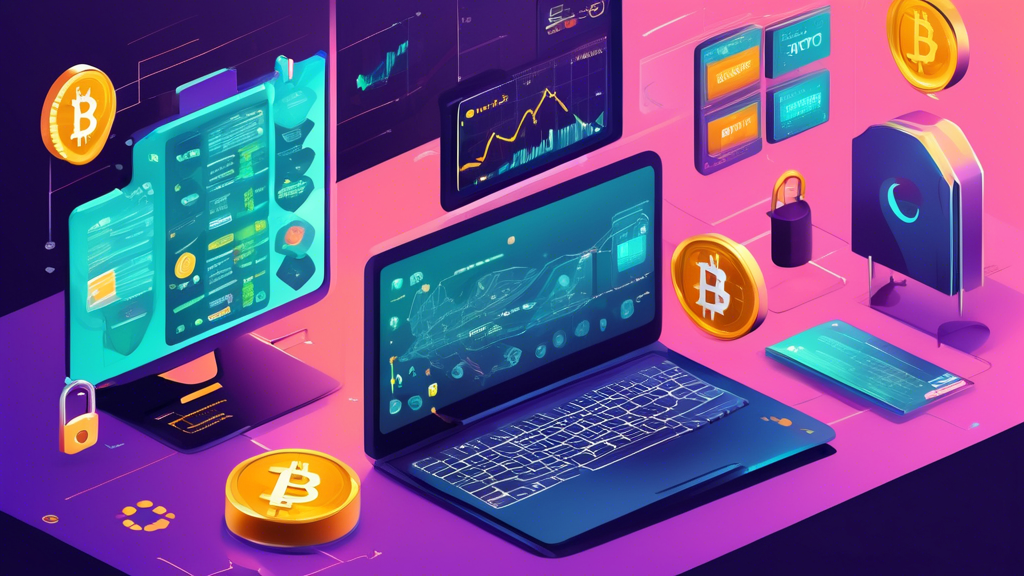 Create an informative and visually engaging illustration that showcases tips for safely investing in cryptocurrencies across various platforms. The image should feature a secure trading environment, displaying elements such as a modern computer screen with a cryptocurrency dashboard, charts reflecting market trends, a checklist with best practices, and caution symbols to represent scam avoidance. Incorporate symbols of security, like a padlock, and emphasize the importance of research by including books or digital resources. Aim for a sleek, high-tech aesthetic that appeals to potential investors in the crypto space.