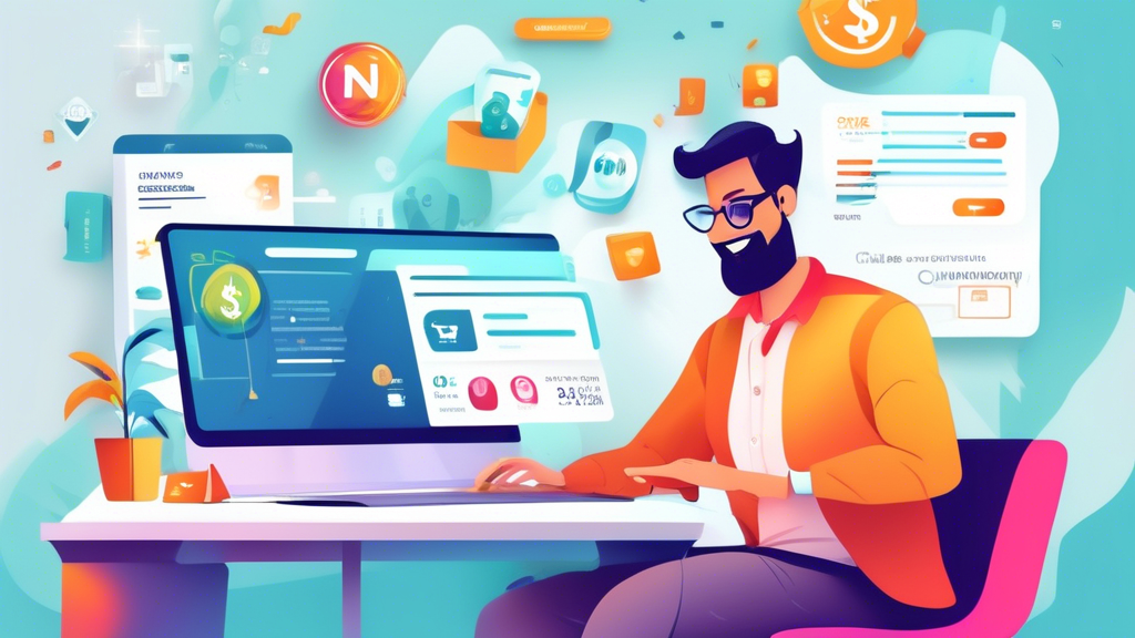 Create an image that visually represents the concept of maximizing savings with Newshosting discounts. The scene should include a happy individual sitting at a computer, navigating a user-friendly website filled with vibrant banners showcasing various discount codes and special promotions. The environment should be bright and inviting, with elements such as a checklist, a calculator, and money-related graphics incorporated to emphasize the step-by-step process of registration and utilizing promo codes. The overall feeling should evoke excitement and empowerment in finding the best deals on Newshosting.