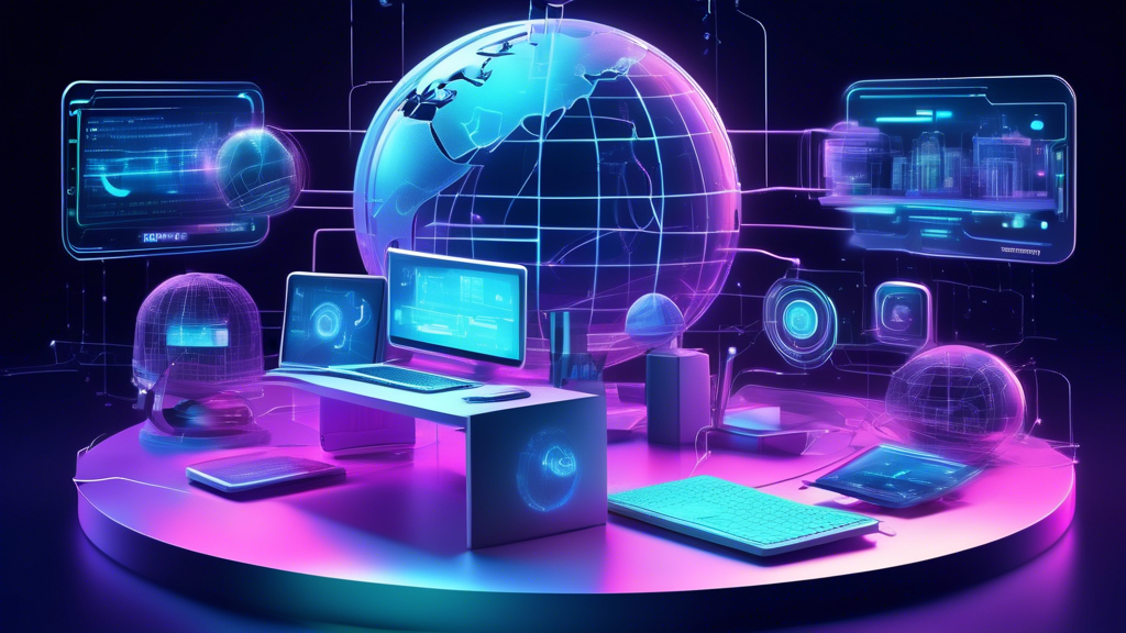 Create a detailed digital illustration showcasing a futuristic, high-tech workspace with various digital devices and interfaces. The central focus is a 3D holographic display of a globe with fluctuating pathways representing internet connections. Highlight various methods to bypass website blocks: a floating pad displaying a VPN interface, a tablet with an active proxy site, a laptop showing DNS settings, and a smartphone with mobile hotspot connectivity. Include subtle elements highlighting concerns for security and privacy, like a digital lock icon and encrypted data symbols. Overall, the image should illustrate a blend of technology and security, with an emphasis on safely bypassing website restrictions.
